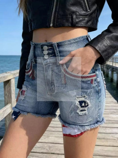 American Flag Distressed Denim Shorts