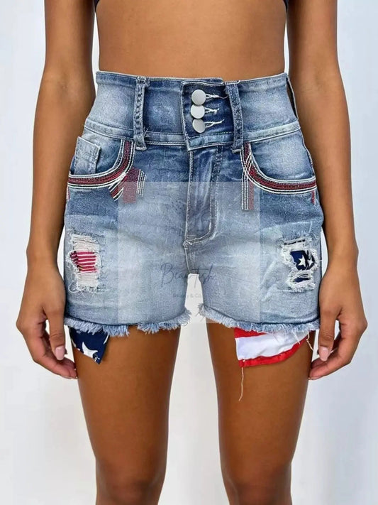 American Flag Distressed Denim Shorts
