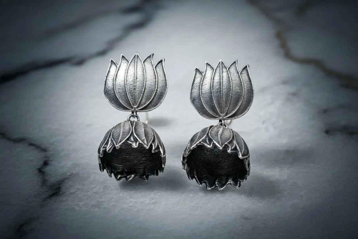 Antique Silver Lotus Jhumka Earrings