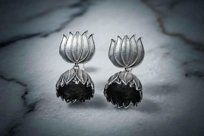 Antique Silver Lotus Jhumka Earrings
