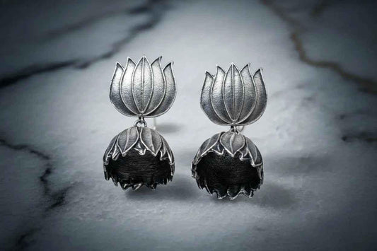 Antique Silver Lotus Jhumka Earrings