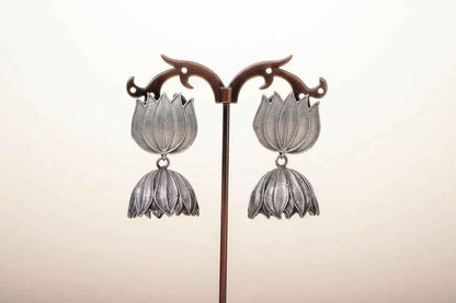 Antique Silver Lotus Jhumka Earrings