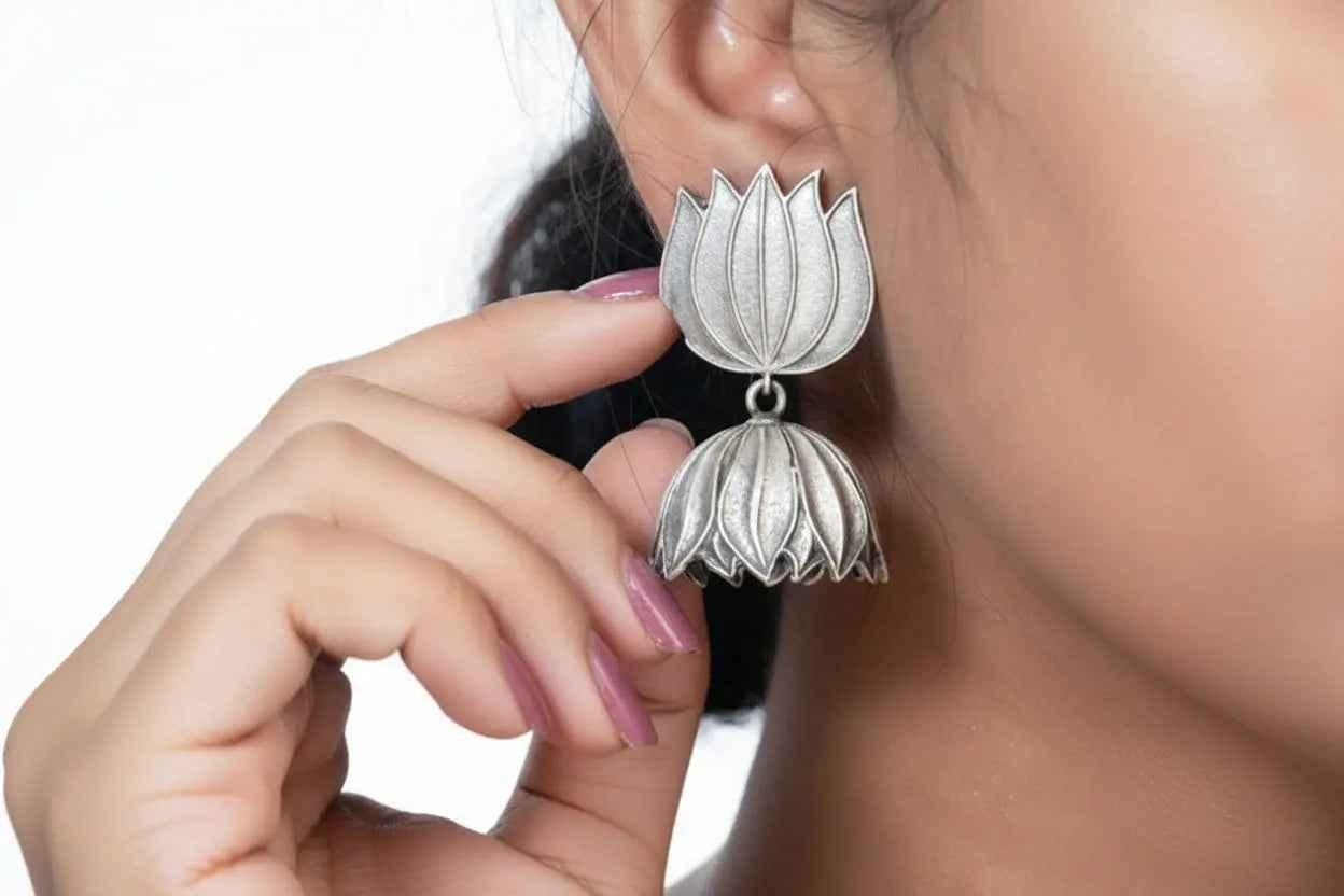 Antique Silver Lotus Jhumka Earrings