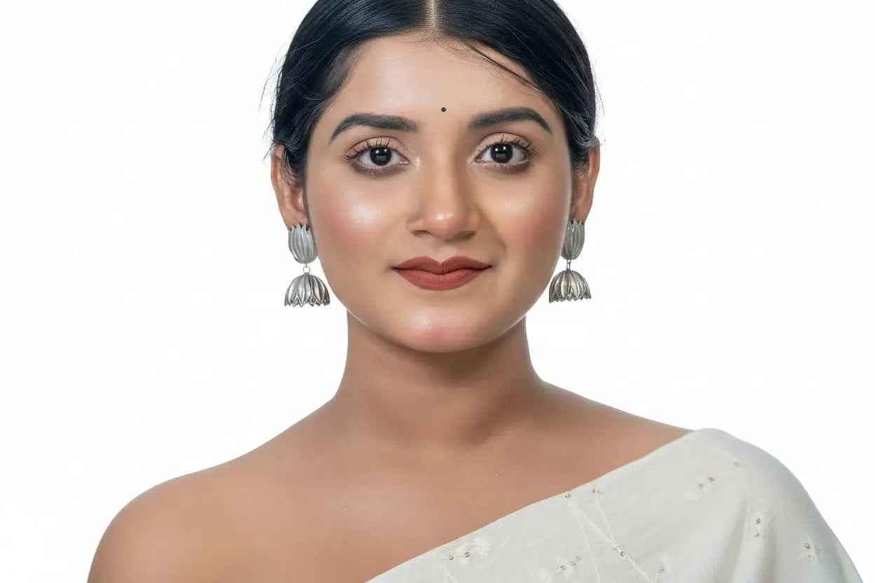 Antique Silver Lotus Jhumka Earrings