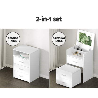 Artiss 2-in-1 Dressing Table Stool Set & Bedside Table – White