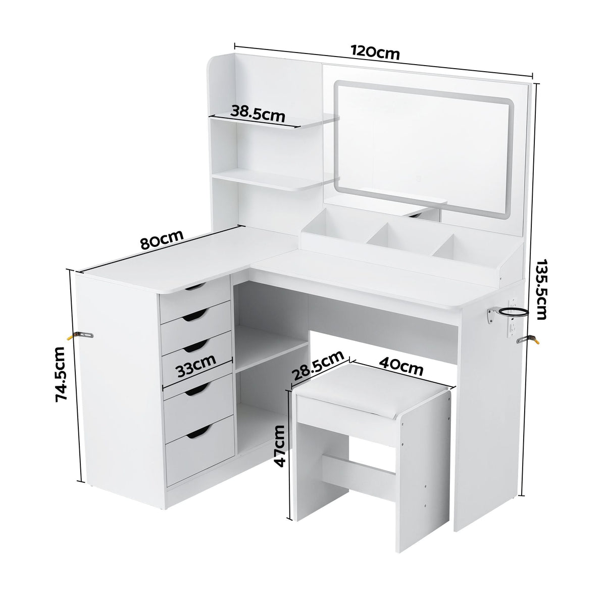 Artiss Corner Dressing Table Vanity Desk Set – LED Mirror, Charging Station & Stool – White