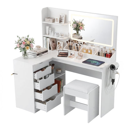 Artiss Corner Dressing Table Vanity Desk Set – LED Mirror, Charging Station & Stool – White