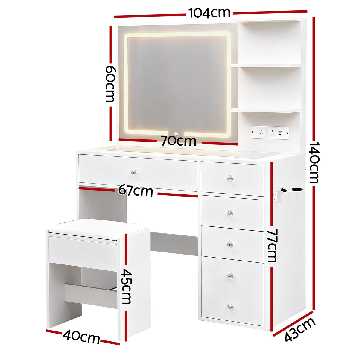 Artiss Dressing Table LED Vanity DesArtiss Dressing Table LED Vanity Desk Set with Stool – Whitek Set Stool White