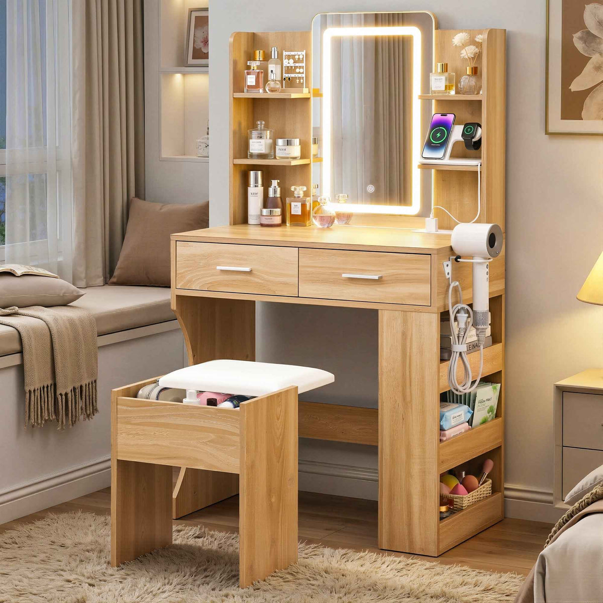 Artiss Dressing Table LED Vanity Desk Set with Stool – Wood