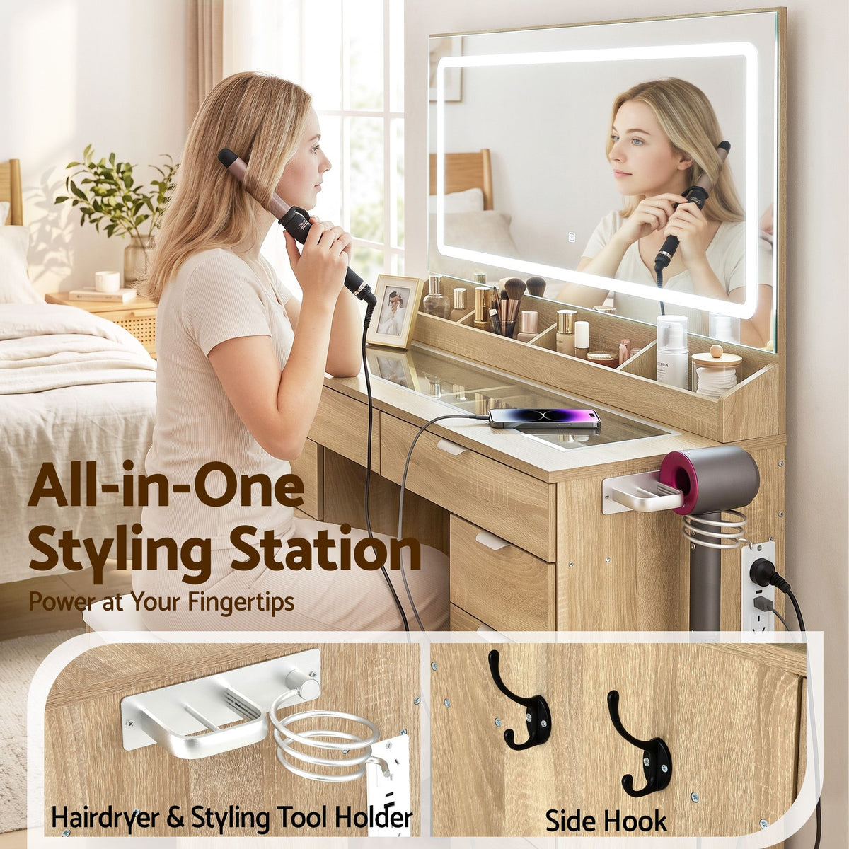 Artiss Dressing Table Makeup Vanity Desk – 10 Drawers with LED Mirror, Power Outlet & Hair Dryer Holder – Wood