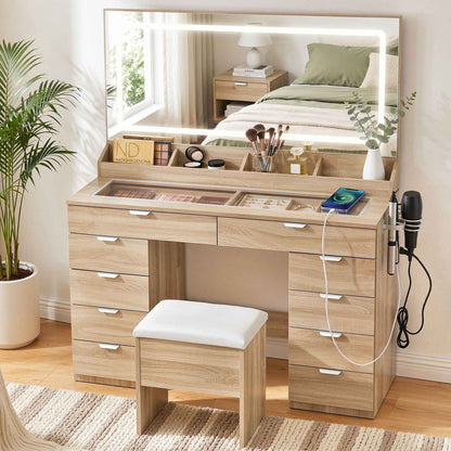 Artiss Dressing Table Makeup Vanity Desk – 10 Drawers with LED Mirror, Power Outlet & Hair Dryer Holder – Wood