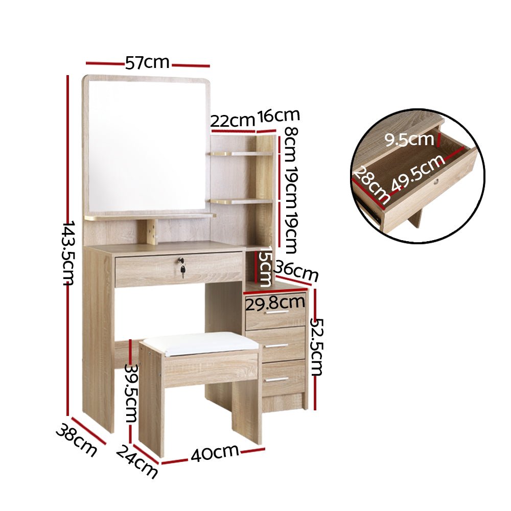 Artiss Dressing Table Stool Set – 4 Drawers Oak