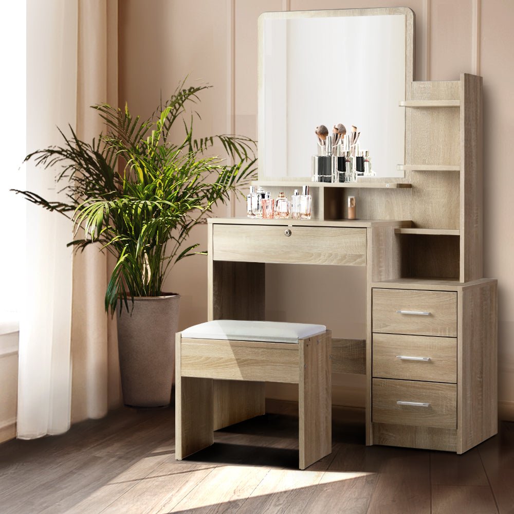 Artiss Dressing Table Stool Set – 4 Drawers Oak