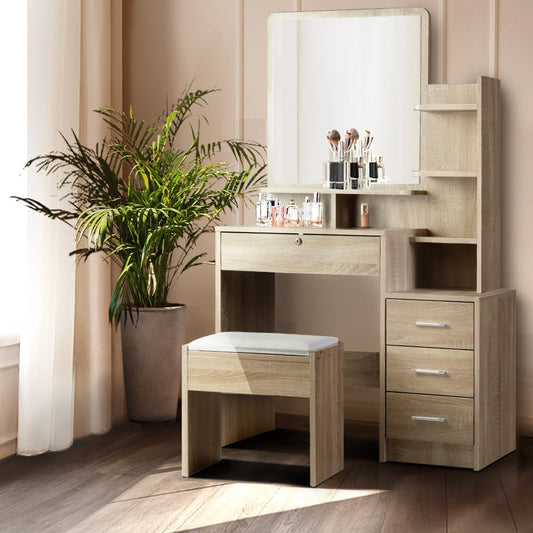 Artiss Dressing Table Stool Set – 4 Drawers Oak