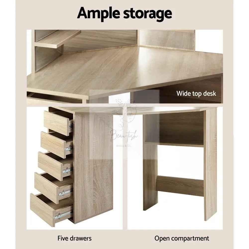 Artiss Dressing Table Stool Set Corner 5 Drawers Oak