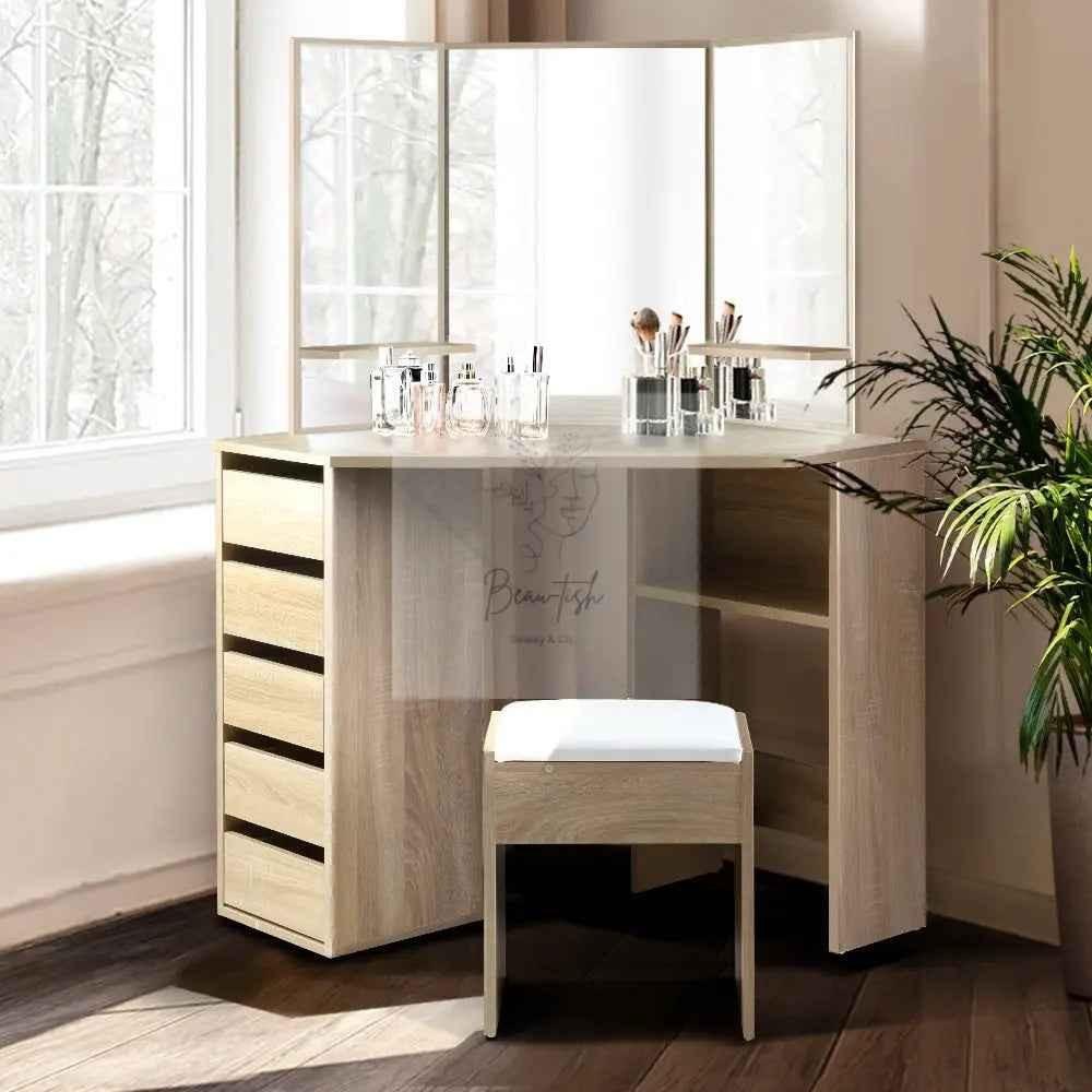 Artiss Dressing Table Stool Set Corner 5 Drawers Oak