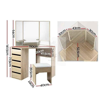 Artiss Dressing Table Stool Set Corner 5 Drawers Oak