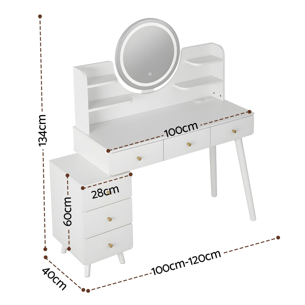 Artiss Dressing Table Vanity Desk – LED Mirror & Charging Station – White