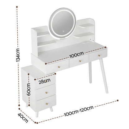 Artiss Dressing Table Vanity Desk – LED Mirror & Charging Station – White