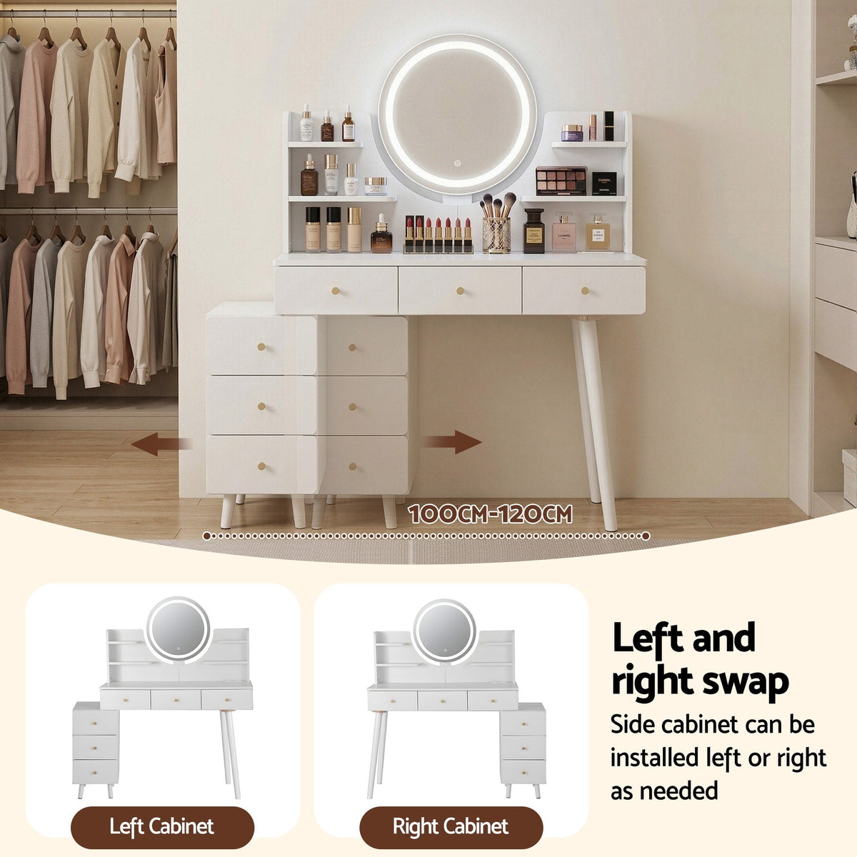 Artiss Dressing Table Vanity Desk – LED Mirror & Charging Station – White