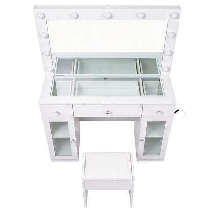 Artiss Dressing Table Vanity Desk Set – 11 LED Bulbs, RGB Lighting & Stool – White