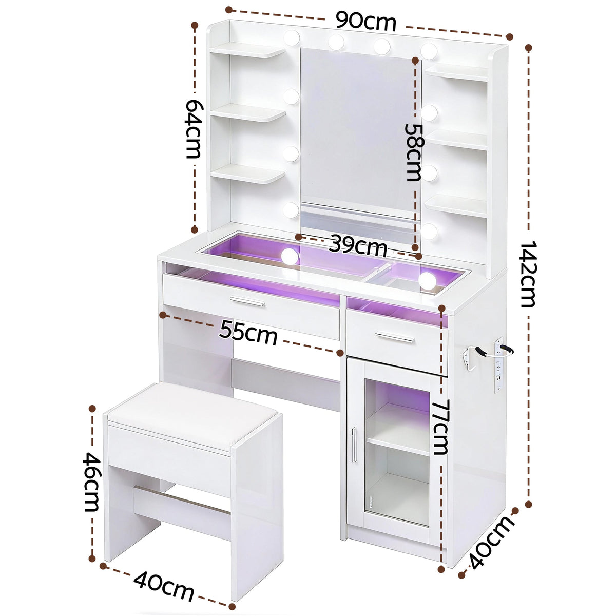 Artiss Dressing Table Vanity Desk Set with 10 LED Bulbs & RGB Lighting – White