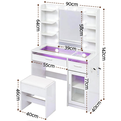 Artiss Dressing Table Vanity Desk Set with 10 LED Bulbs & RGB Lighting – White