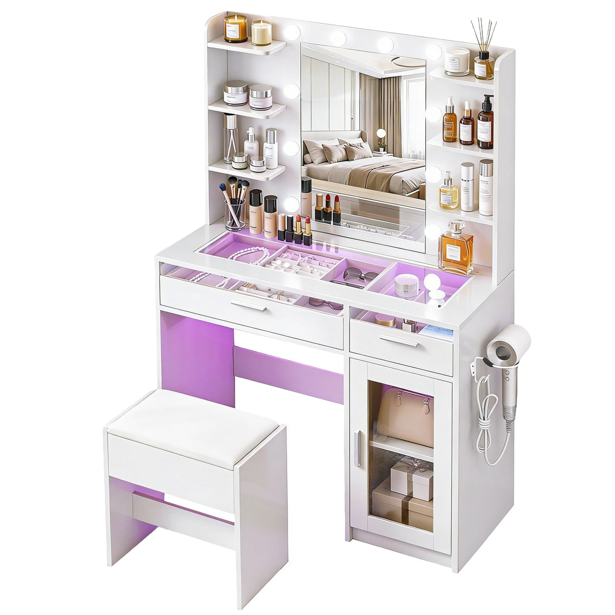Artiss Dressing Table Vanity Desk Set with 10 LED Bulbs & RGB Lighting – White