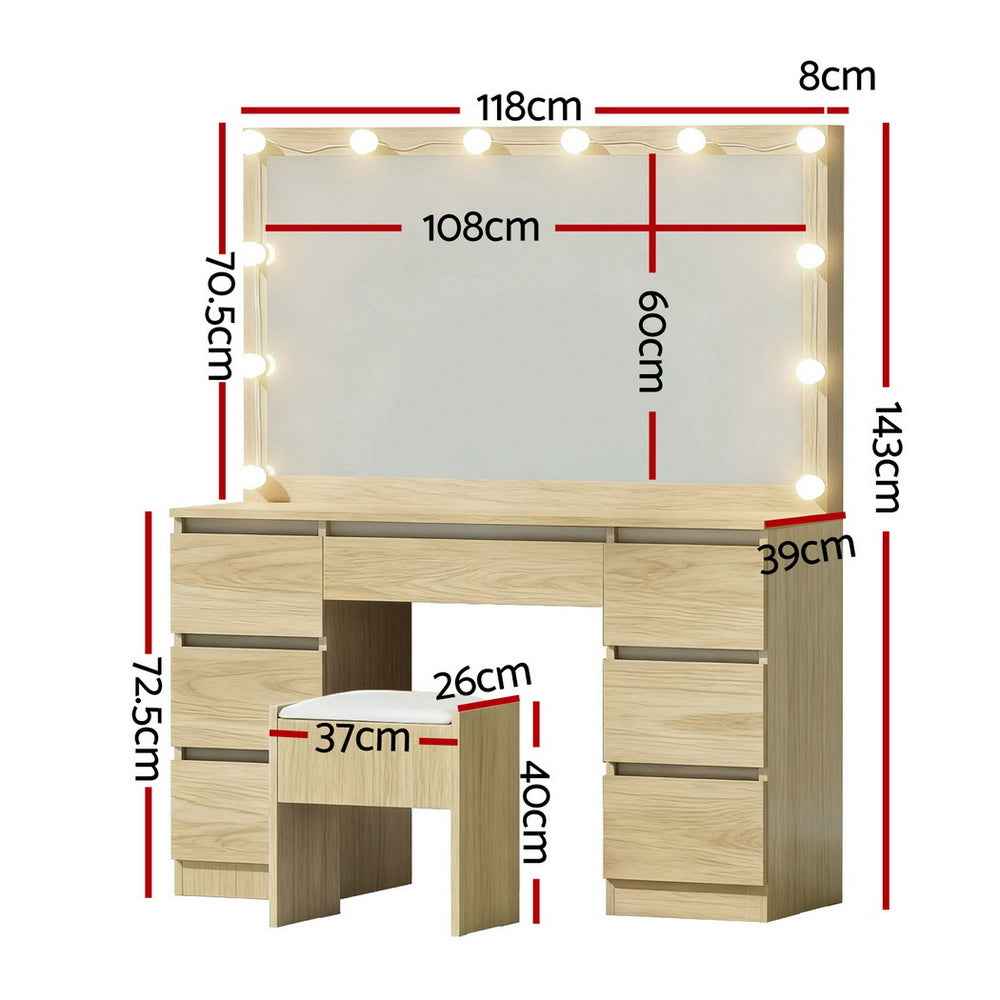 Artiss Dressing Table Vanity Desk Set with Stool – 12 LED Bulbs – Wood