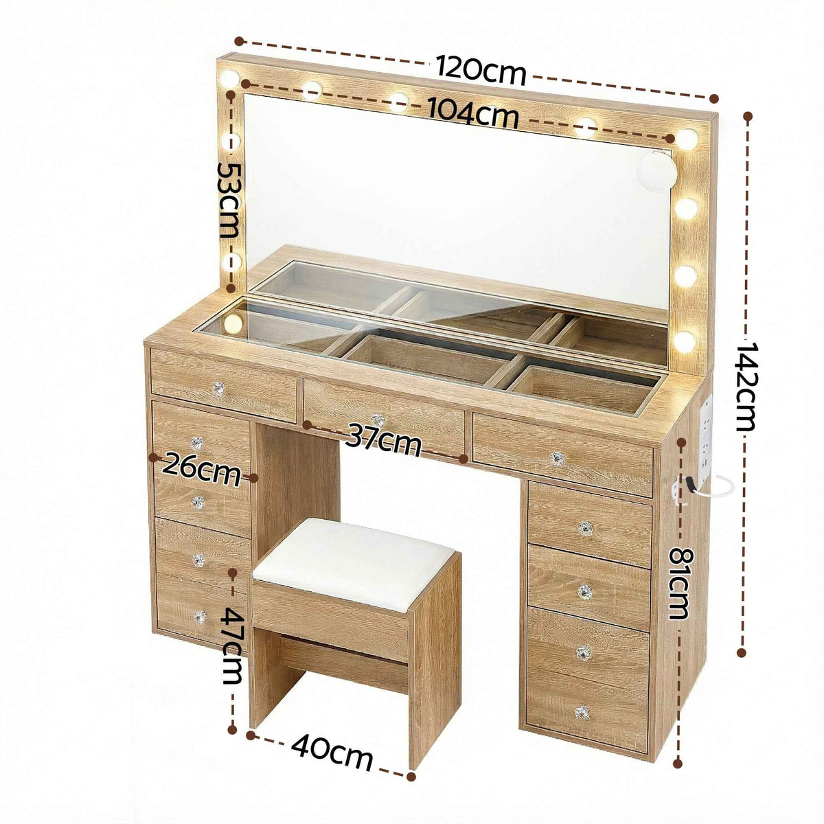 Artiss Dressing Table Vanity Desk Set with Stool & LED Bulbs – Wood