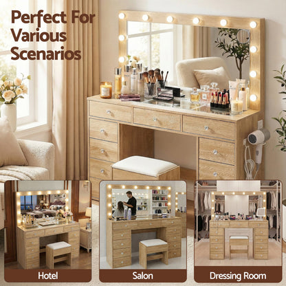 Artiss Dressing Table Vanity Desk Set with Stool & LED Bulbs – Wood