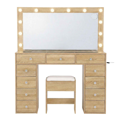 Artiss Dressing Table Vanity Desk Set with Stool & LED Bulbs – Wood