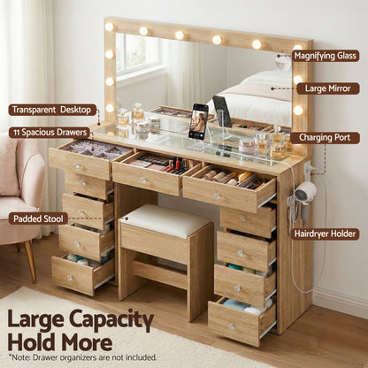 Artiss Dressing Table Vanity Desk Set with Stool & LED Bulbs – Wood
