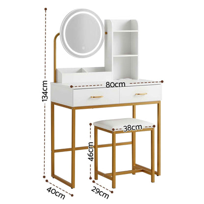 Artiss Dressing Table Vanity Desk Set with Stool – LED Mirror & Charging Station – White & Gold