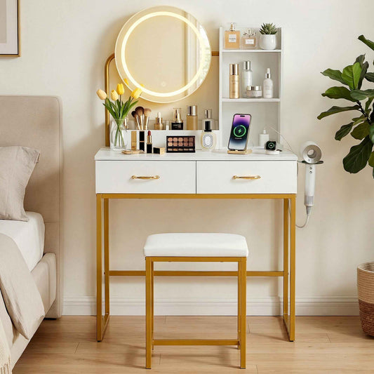 Artiss Dressing Table Vanity Desk Set with Stool – LED Mirror & Charging Station – White & Gold