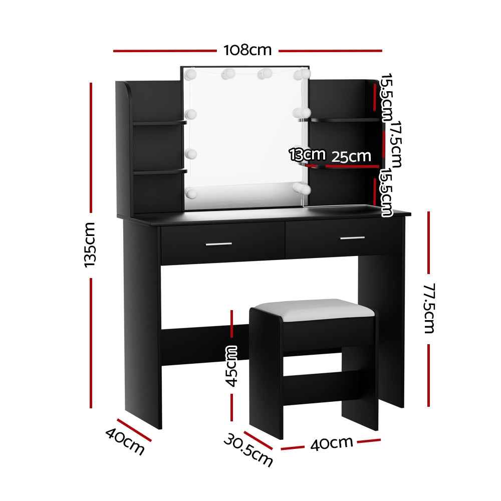 Artiss Dulcea Dressing Table Set with Stool – 10 LED Bulbs, Hollywood Mirror – Black