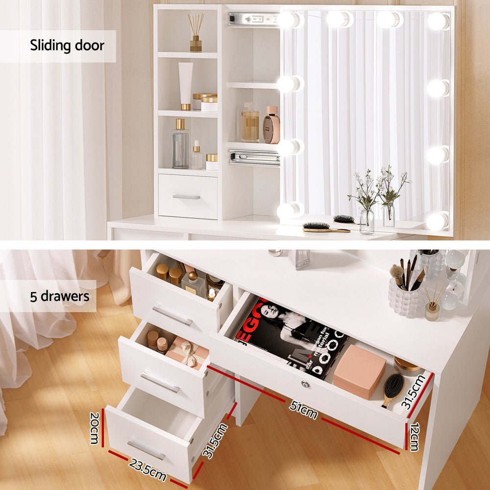 Artiss Dylan Dressing Table Set with Stool – 10 LED Bulbs, Hollywood Mirror – White