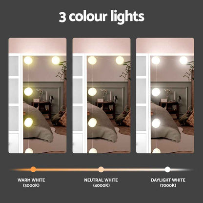 Artiss Dylan Dressing Table Set with Stool – 10 LED Bulbs, Hollywood Mirror – White
