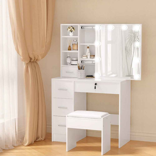 Artiss Dylan Dressing Table Set with Stool – 10 LED Bulbs, Hollywood Mirror – White