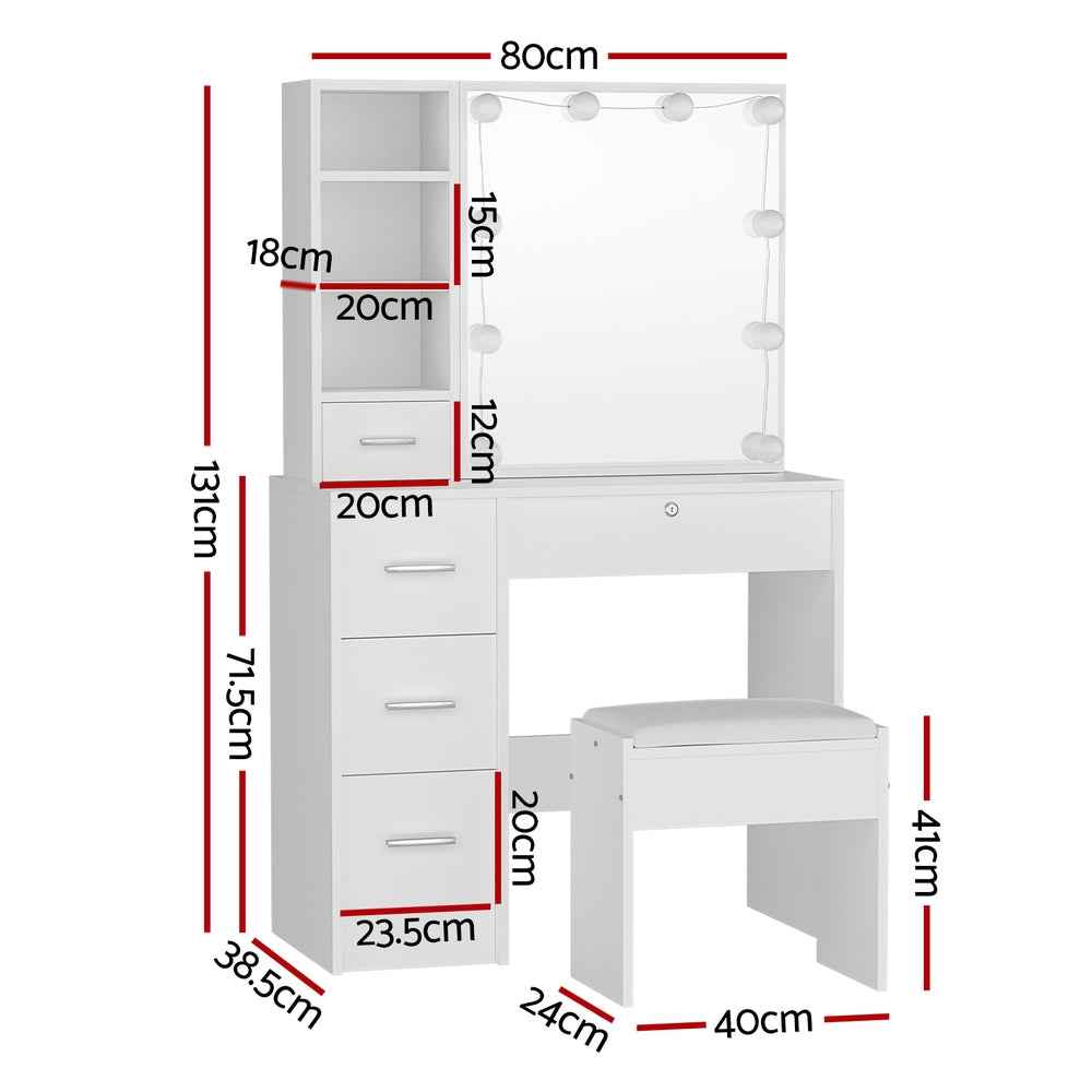 Artiss Dylan Dressing Table Set with Stool – 10 LED Bulbs, Hollywood Mirror – White