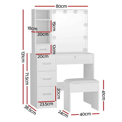 Artiss Dylan Dressing Table Set with Stool – 10 LED Bulbs, Hollywood Mirror – White
