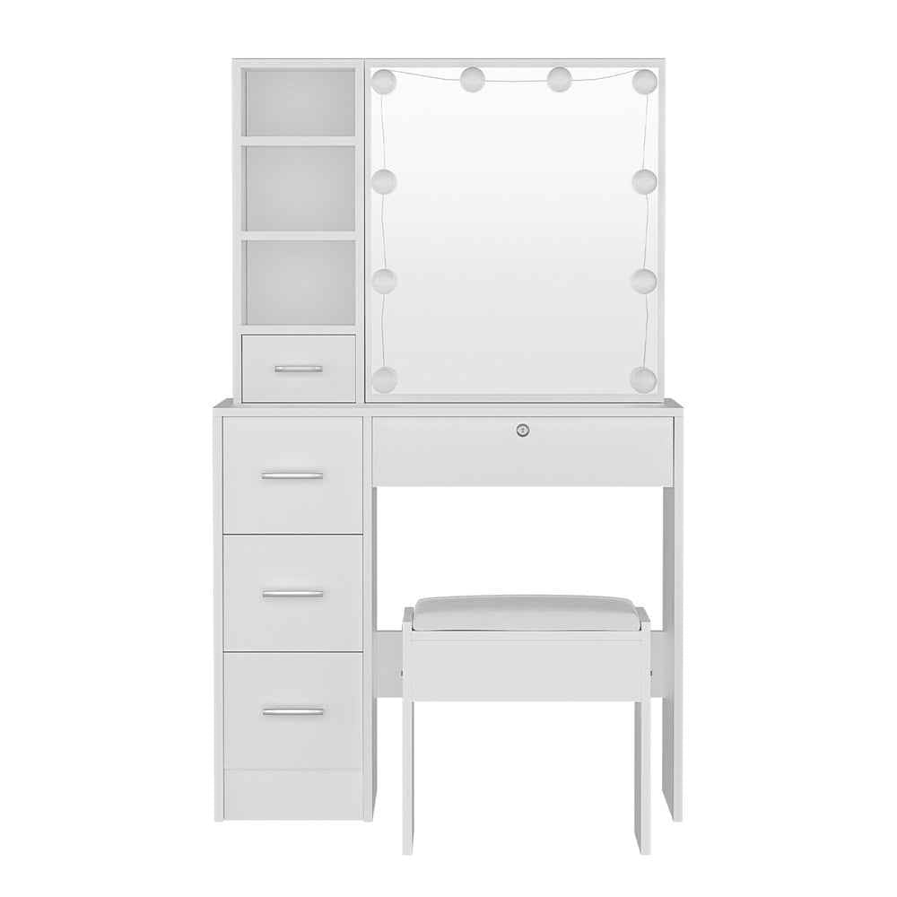 Artiss Dylan Dressing Table Set with Stool – 10 LED Bulbs, Hollywood Mirror – White