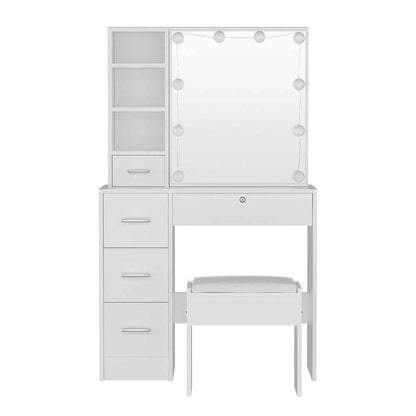 Artiss Dylan Dressing Table Set with Stool – 10 LED Bulbs, Hollywood Mirror – White