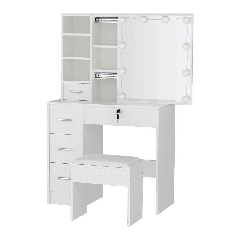Artiss Dylan Dressing Table Set with Stool – 10 LED Bulbs, Hollywood Mirror – White