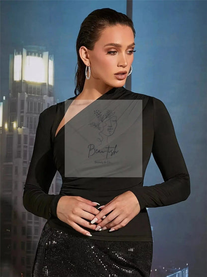 Asymmetrical Cutout Ruched Long Sleeve Top