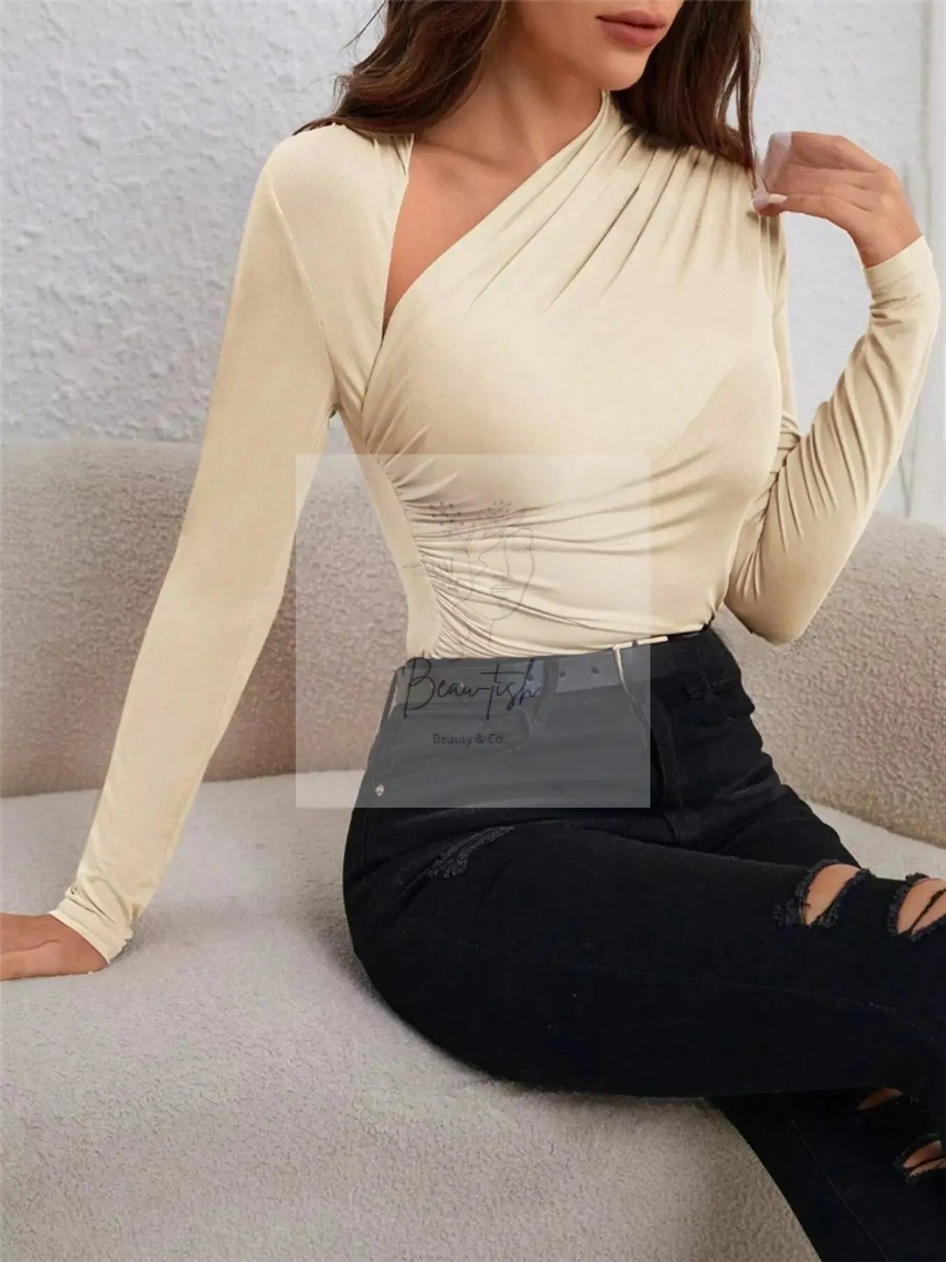 Asymmetrical Cutout Ruched Long Sleeve Top
