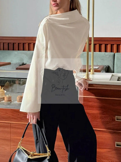 Asymmetrical High Collar Long Sleeve Blouse
