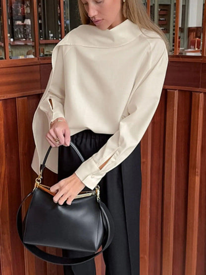 Asymmetrical High Collar Long Sleeve Blouse