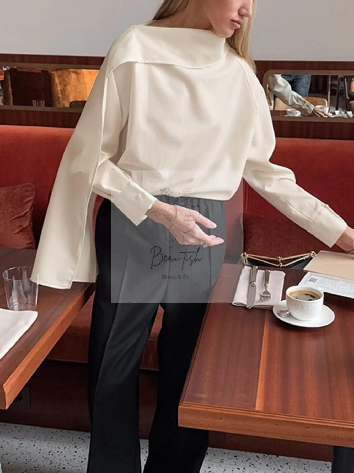Asymmetrical High Collar Long Sleeve Blouse
