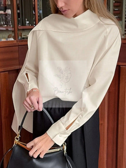 Asymmetrical High Collar Long Sleeve Blouse